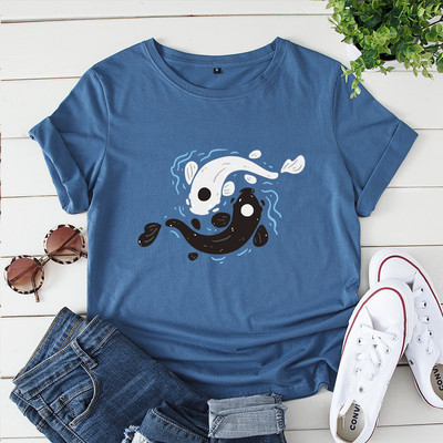 JFUNCY Γυναικείο βαμβακερό μπλουζάκι Tai Chi Yin Yang Fish Print Loose Tee κοντομάνικο Γυναικείο Casual T-shirt Καλοκαιρινό γυναικείο μπλουζάκι