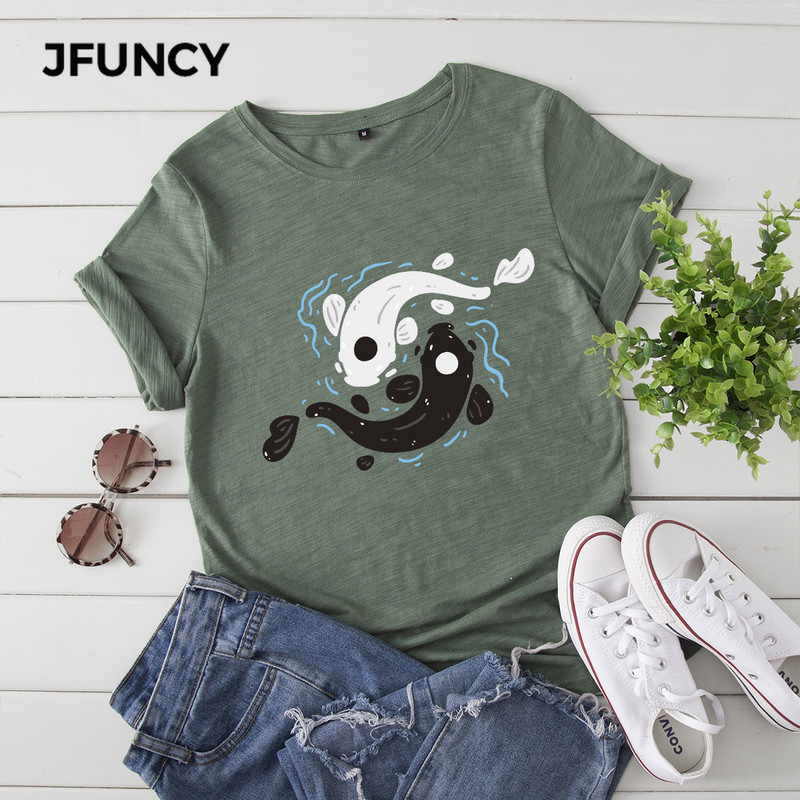 JFUNCY Γυναικείο βαμβακερό μπλουζάκι Tai Chi Yin Yang Fish Print Loose Tee κοντομάνικο Γυναικείο Casual T-shirt Καλοκαιρινό γυναικείο μπλουζάκι