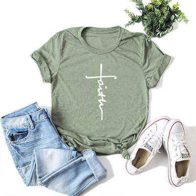 JFUNCY Καλοκαιρινό βαμβακερό γυναικείο μπλουζάκι Γράμμα πίστης Χριστιανικός σταυρός Μπλουζάκι με στάμπα πάνω από κοντομάνικο γυναικείο μπλουζάκι γυναικείο μπλουζάκι