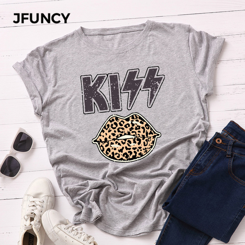 JFUNCY Női póló Új KISS Nyomtatott pólók Női Rövid ujjú pamut pólók Felsők Női nyári póló