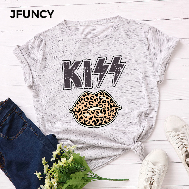 JFUNCY Női póló Új KISS Nyomtatott pólók Női Rövid ujjú pamut pólók Felsők Női nyári póló