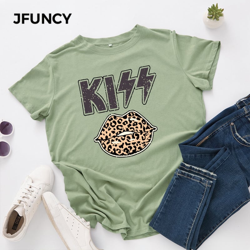 JFUNCY Női póló Új KISS Nyomtatott pólók Női Rövid ujjú pamut pólók Felsők Női nyári póló