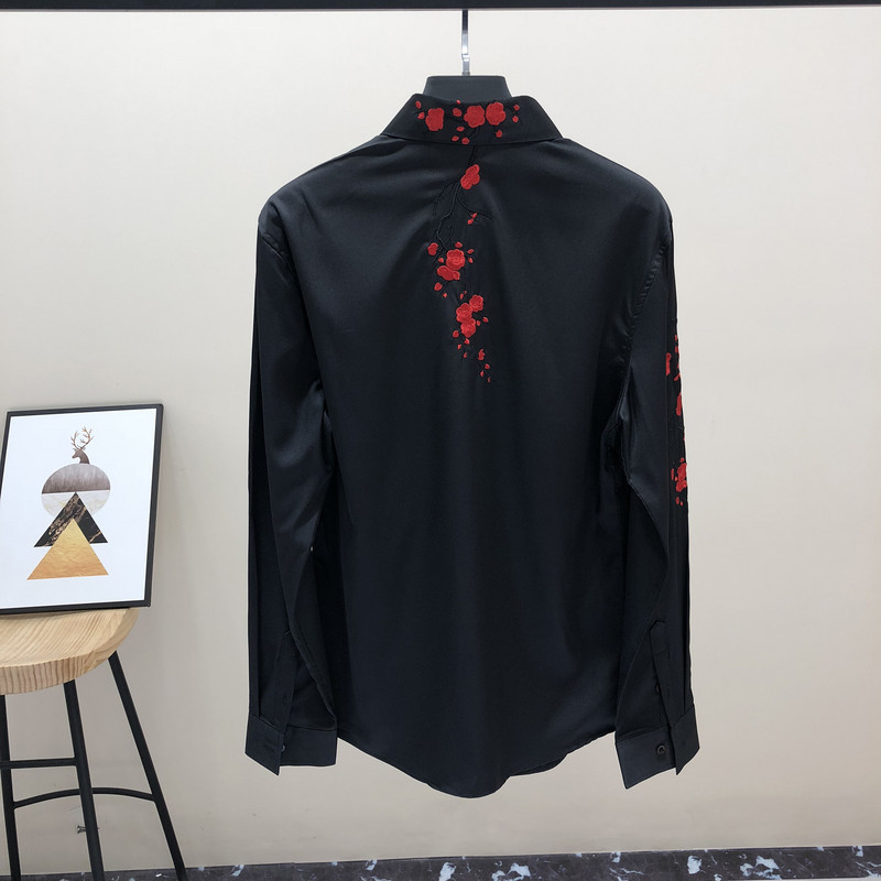 2021. gada rudens jauns krekls vīriešu garām piedurknēm izšūts ziedu krekls vīriešiem Top Trend Chemise Hawaienne Homme melni krekli vīriešu kleita