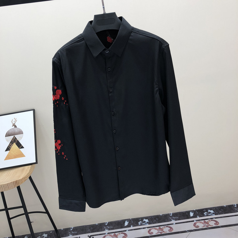 2021. gada rudens jauns krekls vīriešu garām piedurknēm izšūts ziedu krekls vīriešiem Top Trend Chemise Hawaienne Homme melni krekli vīriešu kleita