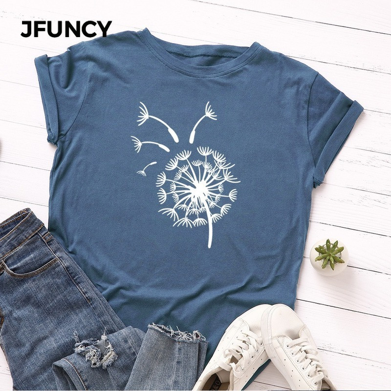 JFUNCY sieviešu vasaras T-krekls 100% kokvilnas sieviešu T krekls ar īsām piedurknēm Lidojošs pienenes apdrukāts sieviešu T-krekls Sieviešu topi