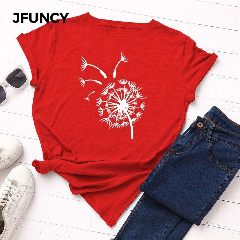 JFUNCY sieviešu vasaras T-krekls 100% kokvilnas sieviešu T krekls ar īsām piedurknēm Lidojošs pienenes apdrukāts sieviešu T-krekls Sieviešu topi