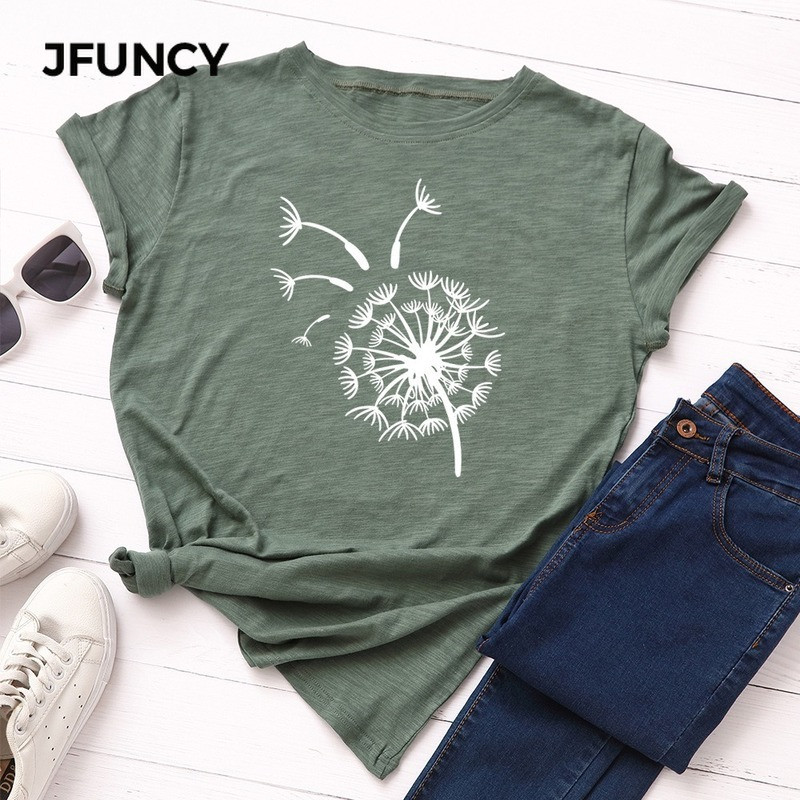 JFUNCY sieviešu vasaras T-krekls 100% kokvilnas sieviešu T krekls ar īsām piedurknēm Lidojošs pienenes apdrukāts sieviešu T-krekls Sieviešu topi