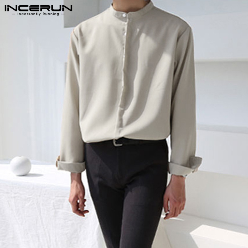 INCERUN 2023 Μόδα ανδρικό πουκάμισο casual Streetwear Μακρυμάνικο μπλούζα με γιακά με κουμπί Κορεατικά μονόχρωμα Ανδρικά πουκάμισα μάρκας 5XL