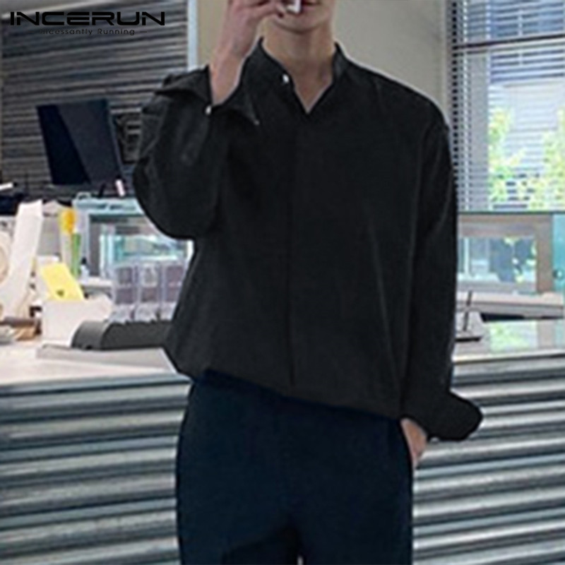 INCERUN 2023 Μόδα ανδρικό πουκάμισο casual Streetwear Μακρυμάνικο μπλούζα με γιακά με κουμπί Κορεατικά μονόχρωμα Ανδρικά πουκάμισα μάρκας 5XL