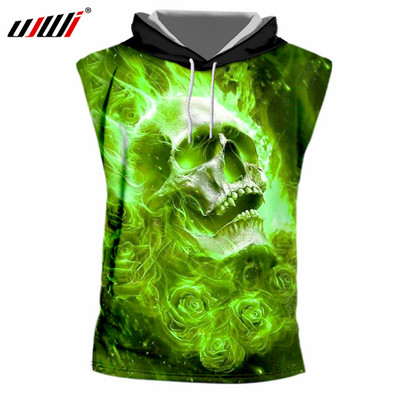 UJWI Férfi kapucnis, ujjatlan felső, Cool Print Green Flame Skull Homme Testépítő Fitness Alsóingek Quick Dry Strand kapucnis pulóver