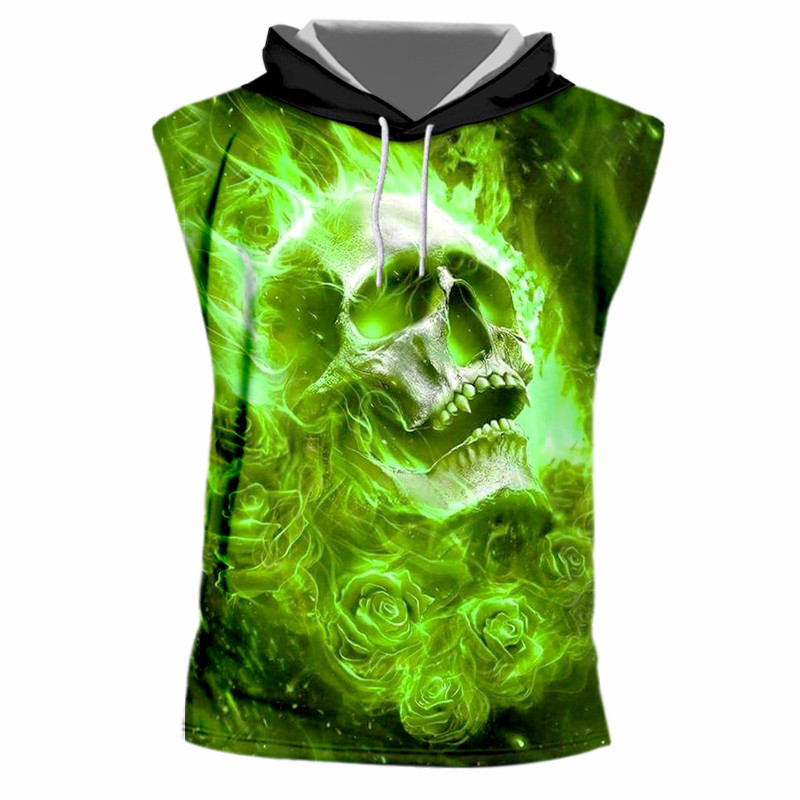 UJWI Bluză fără mâneci pentru bărbați, cu glugă, cu imprimeu rece, verde, cu craniu cu flacără, pentru culturism, fitness, maiouri de corp, cu uscare rapidă, pentru plajă