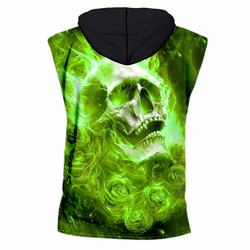 UJWI Bluză fără mâneci pentru bărbați, cu glugă, cu imprimeu rece, verde, cu craniu cu flacără, pentru culturism, fitness, maiouri de corp, cu uscare rapidă, pentru plajă