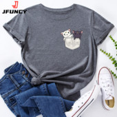 JFUNCY női rövid ujjú pólók macska zseb Grafikus póló túlméretezett női felsők Női póló nyári pamut ruházat