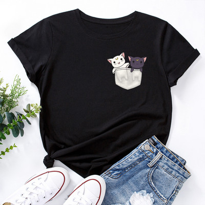 JFUNCY női rövid ujjú pólók macska zseb Grafikus póló túlméretezett női felsők Női póló nyári pamut ruházat