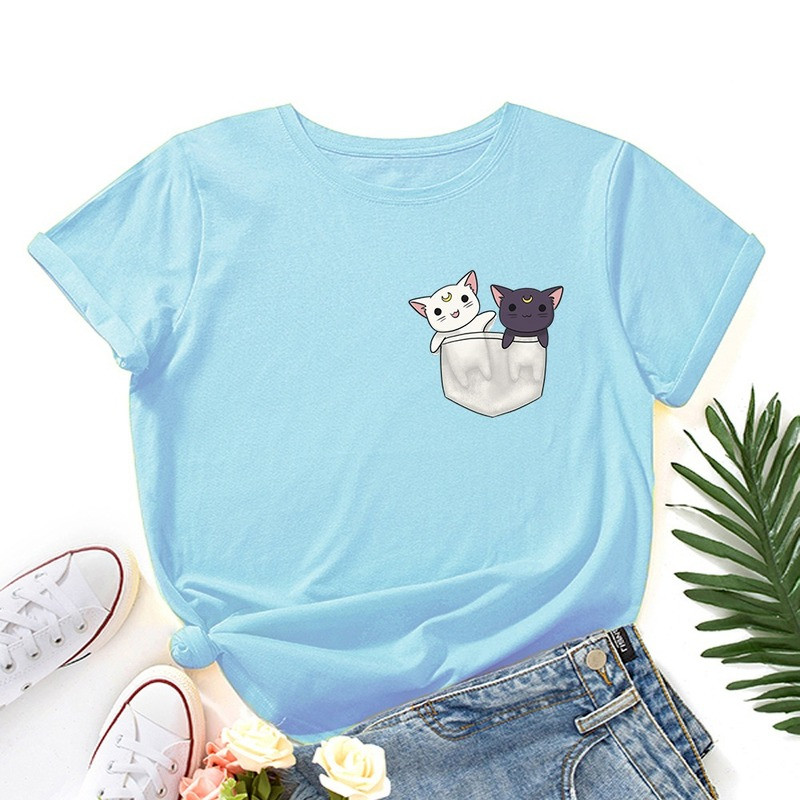 JFUNCY női rövid ujjú pólók macska zseb Grafikus póló túlméretezett női felsők Női póló nyári pamut ruházat