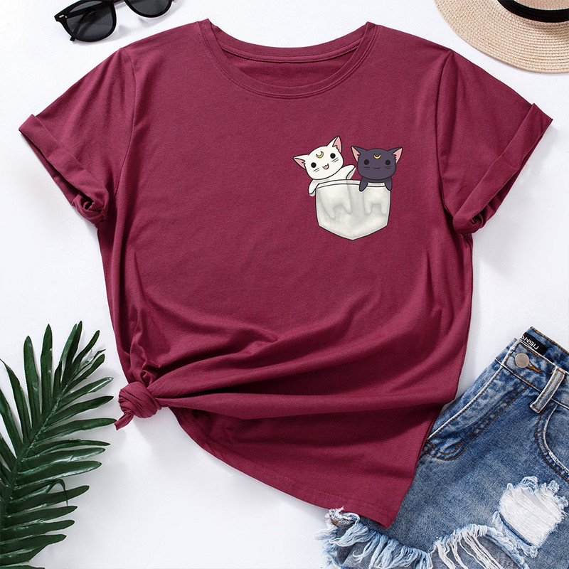 JFUNCY női rövid ujjú pólók macska zseb Grafikus póló túlméretezett női felsők Női póló nyári pamut ruházat