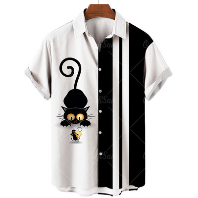Ανδρικό πουκάμισο Χαβάης με κοντό μανίκι Vintage 3D Cat Fashion Ανδρικό πουκάμισο Camisa Masculina Plus Oversize 5XL