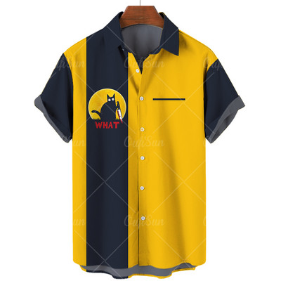 Ανδρικό πουκάμισο Χαβάης με κοντό μανίκι Vintage 3D Cat Fashion Ανδρικό πουκάμισο Camisa Masculina Plus Oversize 5XL