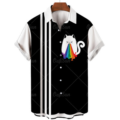 Ανδρικό πουκάμισο Χαβάης με κοντό μανίκι Vintage 3D Cat Fashion Ανδρικό πουκάμισο Camisa Masculina Plus Oversize 5XL