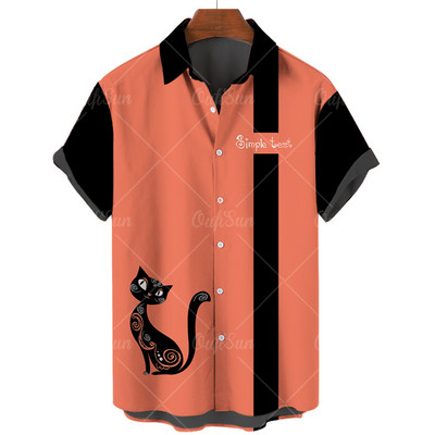 Ανδρικό πουκάμισο Χαβάης με κοντό μανίκι Vintage 3D Cat Fashion Ανδρικό πουκάμισο Camisa Masculina Plus Oversize 5XL