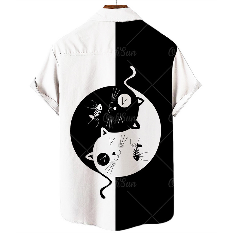 Ανδρικό πουκάμισο Χαβάης με κοντό μανίκι Vintage 3D Cat Fashion Ανδρικό πουκάμισο Camisa Masculina Plus Oversize 5XL