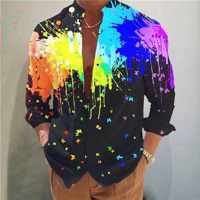 Vyriški marškiniai Graffiti spalvos rašalas Netaisyklingos viršaus marškinėliai stovi apykaklės mygtukas Atsitiktinis Patogus Minkštas Sporto mada 2023 m. Populiaru