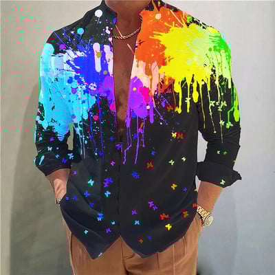 Vyriški marškiniai Graffiti spalvos rašalas Netaisyklingos viršaus marškinėliai stovi apykaklės mygtukas Atsitiktinis Patogus Minkštas Sporto mada 2023 m. Populiaru