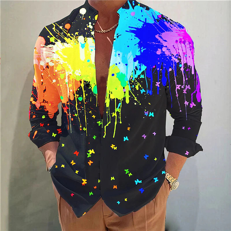 Vyriški marškiniai Graffiti spalvos rašalas Netaisyklingos viršaus marškinėliai stovi apykaklės mygtukas Atsitiktinis Patogus Minkštas Sporto mada 2023 m. Populiaru