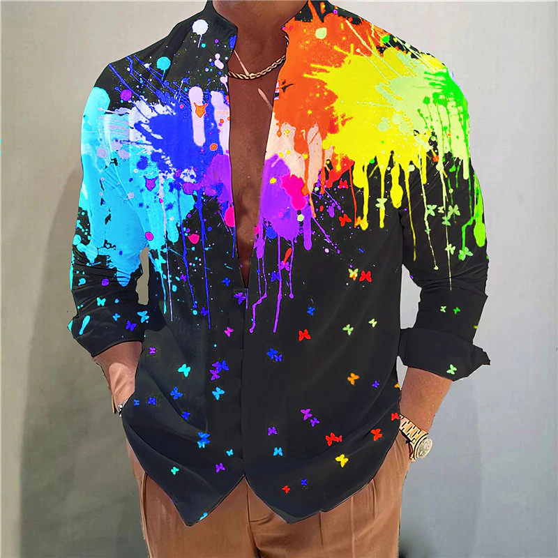 Vyriški marškiniai Graffiti spalvos rašalas Netaisyklingos viršaus marškinėliai stovi apykaklės mygtukas Atsitiktinis Patogus Minkštas Sporto mada 2023 m. Populiaru