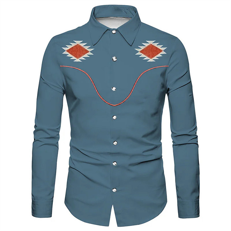 Jauns vīriešu krekls ar rietumu apdruku retro melns āra ielas poga ar garām piedurknēm modes sociālais ielu apģērbu dizainers 2023