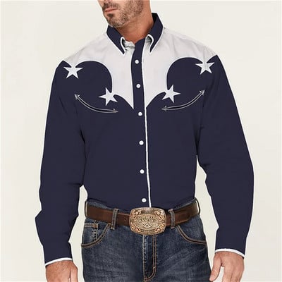 Cămașă cu imprimare occidentală pentru bărbați, retro, neagră, în aer liber, cu buton de stradă, cu mâneci lungi, de designer de îmbrăcăminte de stradă, casual 2023