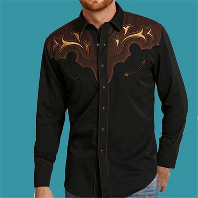 Cămașă cu imprimare occidentală pentru bărbați, retro, neagră, în aer liber, cu buton de stradă, cu mâneci lungi, de designer de îmbrăcăminte de stradă, casual 2023