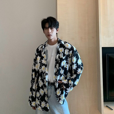 Temperaments Skaists ar garām piedurknēm nolaižamām piedurknēm Apkakles Pavasaris Vasaras Pogas Apdruka Brīvi Modes Vīriešu Ikdienas Krekli Vīriešu Apģērbs