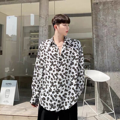 Temperaments Skaists ar garām piedurknēm nolaižamām piedurknēm Apkakles Pavasaris Vasaras Pogas Apdruka Brīvi Modes Vīriešu Ikdienas Krekli Vīriešu Apģērbs