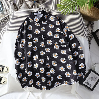 Temperaments Skaists ar garām piedurknēm nolaižamām piedurknēm Apkakles Pavasaris Vasaras Pogas Apdruka Brīvi Modes Vīriešu Ikdienas Krekli Vīriešu Apģērbs