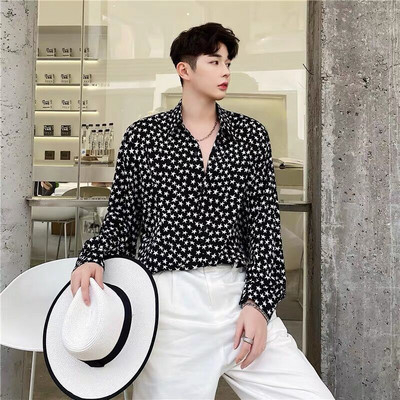 Temperaments Skaists ar garām piedurknēm nolaižamām piedurknēm Apkakles Pavasaris Vasaras Pogas Apdruka Brīvi Modes Vīriešu Ikdienas Krekli Vīriešu Apģērbs