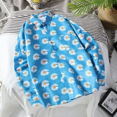 Temperaments Skaists ar garām piedurknēm nolaižamām piedurknēm Apkakles Pavasaris Vasaras Pogas Apdruka Brīvi Modes Vīriešu Ikdienas Krekli Vīriešu Apģērbs