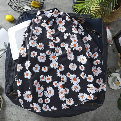 Temperaments Skaists ar garām piedurknēm nolaižamām piedurknēm Apkakles Pavasaris Vasaras Pogas Apdruka Brīvi Modes Vīriešu Ikdienas Krekli Vīriešu Apģērbs