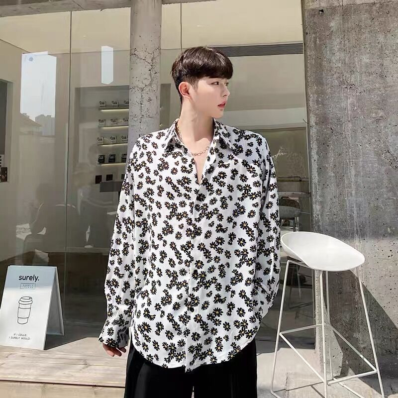 Temperaments Skaists ar garām piedurknēm nolaižamām piedurknēm Apkakles Pavasaris Vasaras Pogas Apdruka Brīvi Modes Vīriešu Ikdienas Krekli Vīriešu Apģērbs