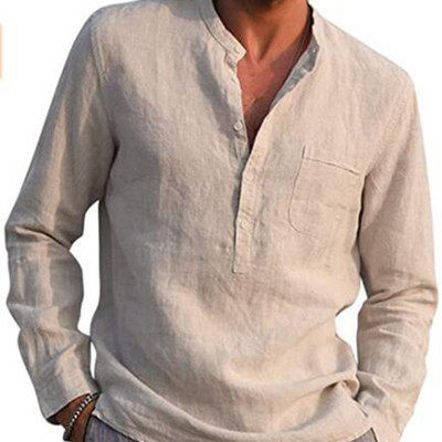 Puuvillane linane soodusmüük Meeste pikkade varrukatega särgid suvised ühevärvilised püstkrae vabaaja rannastiilis