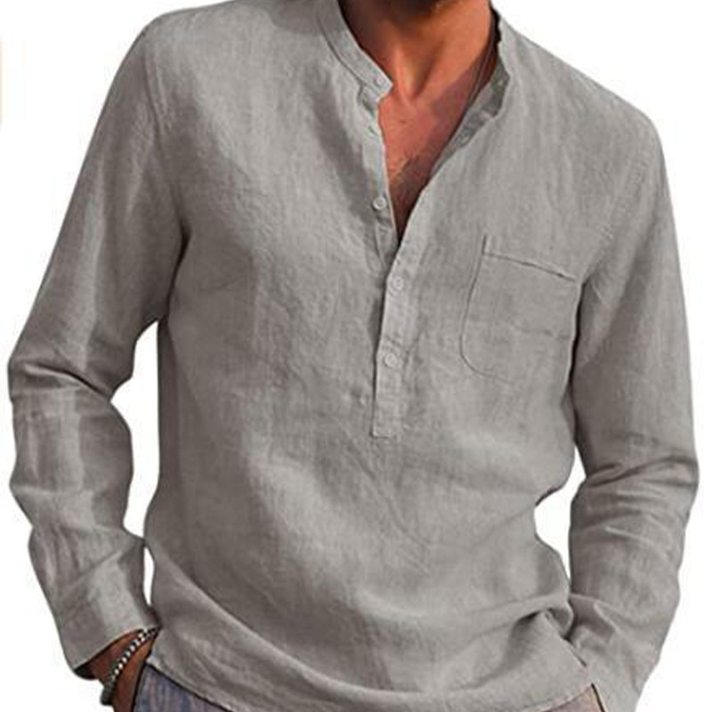 Lenjerie din bumbac Reducere caldă Cămăși pentru bărbați cu mâneci lungi de vară Culoare uni Guler în picioare Stil casual de plajă