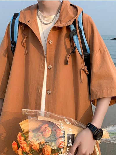 Gmiixder krekli ar kapuci ar īsām piedurknēm vīriešiem sievietēm Japāna Summer Trend Cityboy Solid Blūze Unisex Cargo Button Up krekls jaka