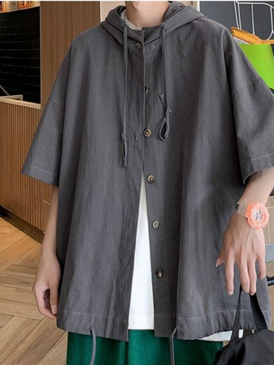 Gmiixder krekli ar kapuci ar īsām piedurknēm vīriešiem sievietēm Japāna Summer Trend Cityboy Solid Blūze Unisex Cargo Button Up krekls jaka