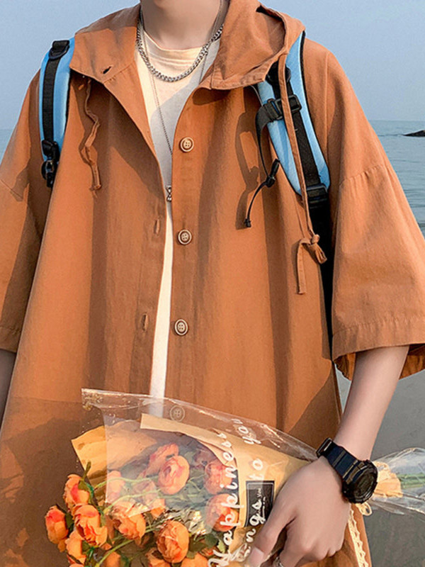 Gmiixder krekli ar kapuci ar īsām piedurknēm vīriešiem sievietēm Japāna Summer Trend Cityboy Solid Blūze Unisex Cargo Button Up krekls jaka