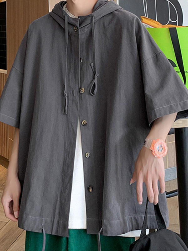 Gmiixder krekli ar kapuci ar īsām piedurknēm vīriešiem sievietēm Japāna Summer Trend Cityboy Solid Blūze Unisex Cargo Button Up krekls jaka