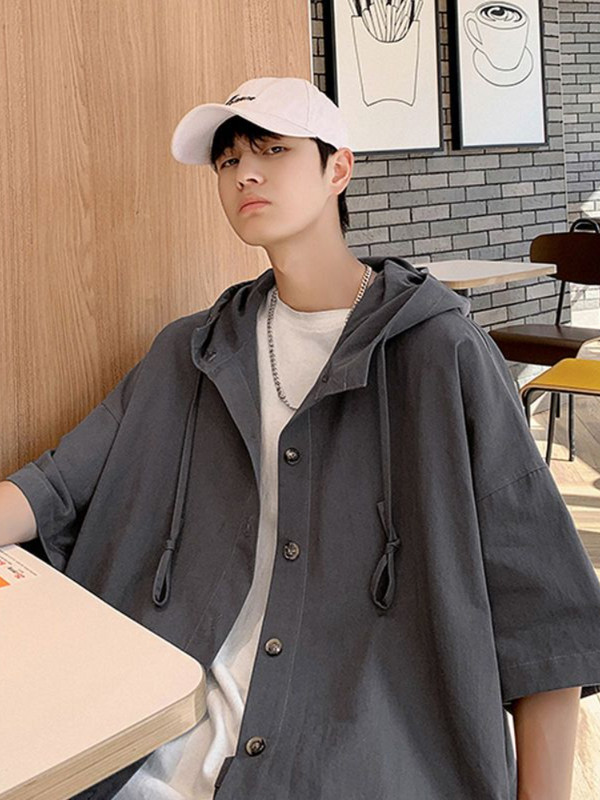 Gmiixder krekli ar kapuci ar īsām piedurknēm vīriešiem sievietēm Japāna Summer Trend Cityboy Solid Blūze Unisex Cargo Button Up krekls jaka