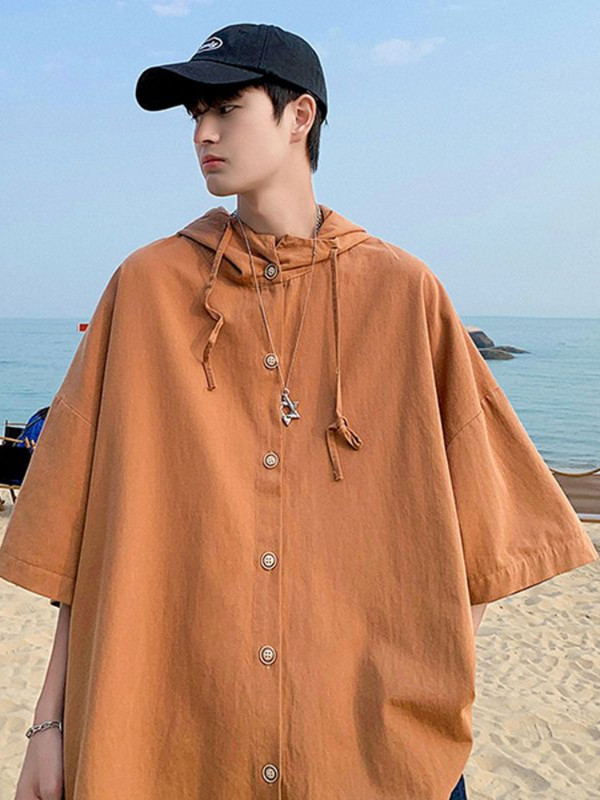 Gmiixder krekli ar kapuci ar īsām piedurknēm vīriešiem sievietēm Japāna Summer Trend Cityboy Solid Blūze Unisex Cargo Button Up krekls jaka