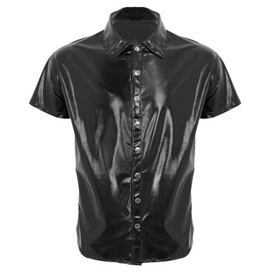iEFiEL Mens Moto Fashion Clubwear Πατέντα Δερμάτινο κοντομάνικο πουκάμισο κάτω μπλουζάκι για ανδρικά κοστούμια νυχτερινά μπλουζάκια για πάρτι Streetwear