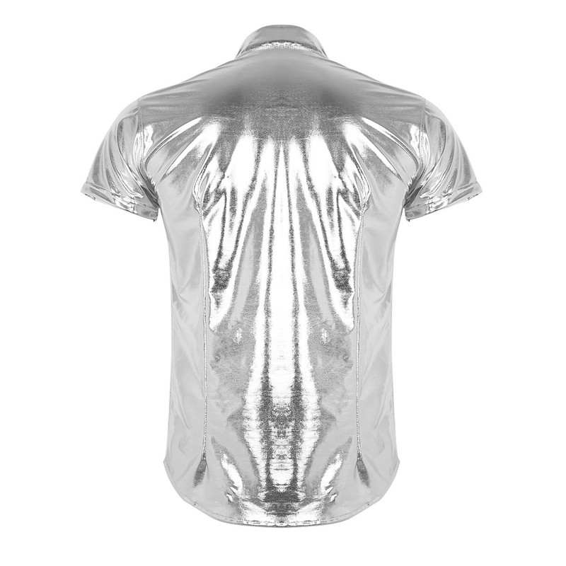 iEFiEL Mens Moto Fashion Clubwear Πατέντα Δερμάτινο κοντομάνικο πουκάμισο κάτω μπλουζάκι για ανδρικά κοστούμια νυχτερινά μπλουζάκια για πάρτι Streetwear