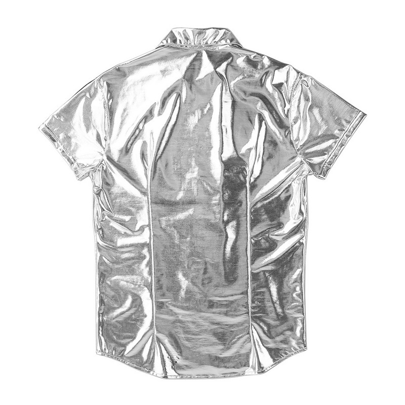 iEFiEL Mens Moto Fashion Clubwear Πατέντα Δερμάτινο κοντομάνικο πουκάμισο κάτω μπλουζάκι για ανδρικά κοστούμια νυχτερινά μπλουζάκια για πάρτι Streetwear